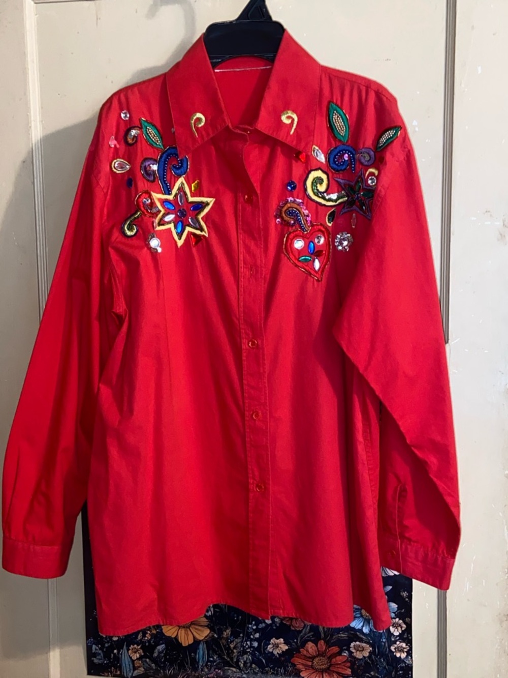VINTAGE RED BLING BLOUSE Red Beaded Button Up Shirt